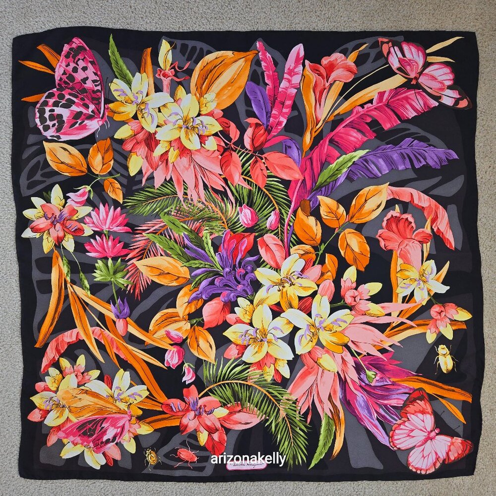 Salvatore Ferragamo Silk Scarf Hand-Rolled Hems Butterfly in Flower Garden - Picture 1 of 12